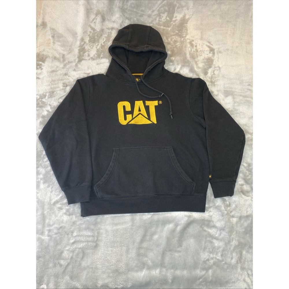 Caterpillar Hoodie Mens Medium Black Yellow Logo Pullover Workwear Sweatshirt